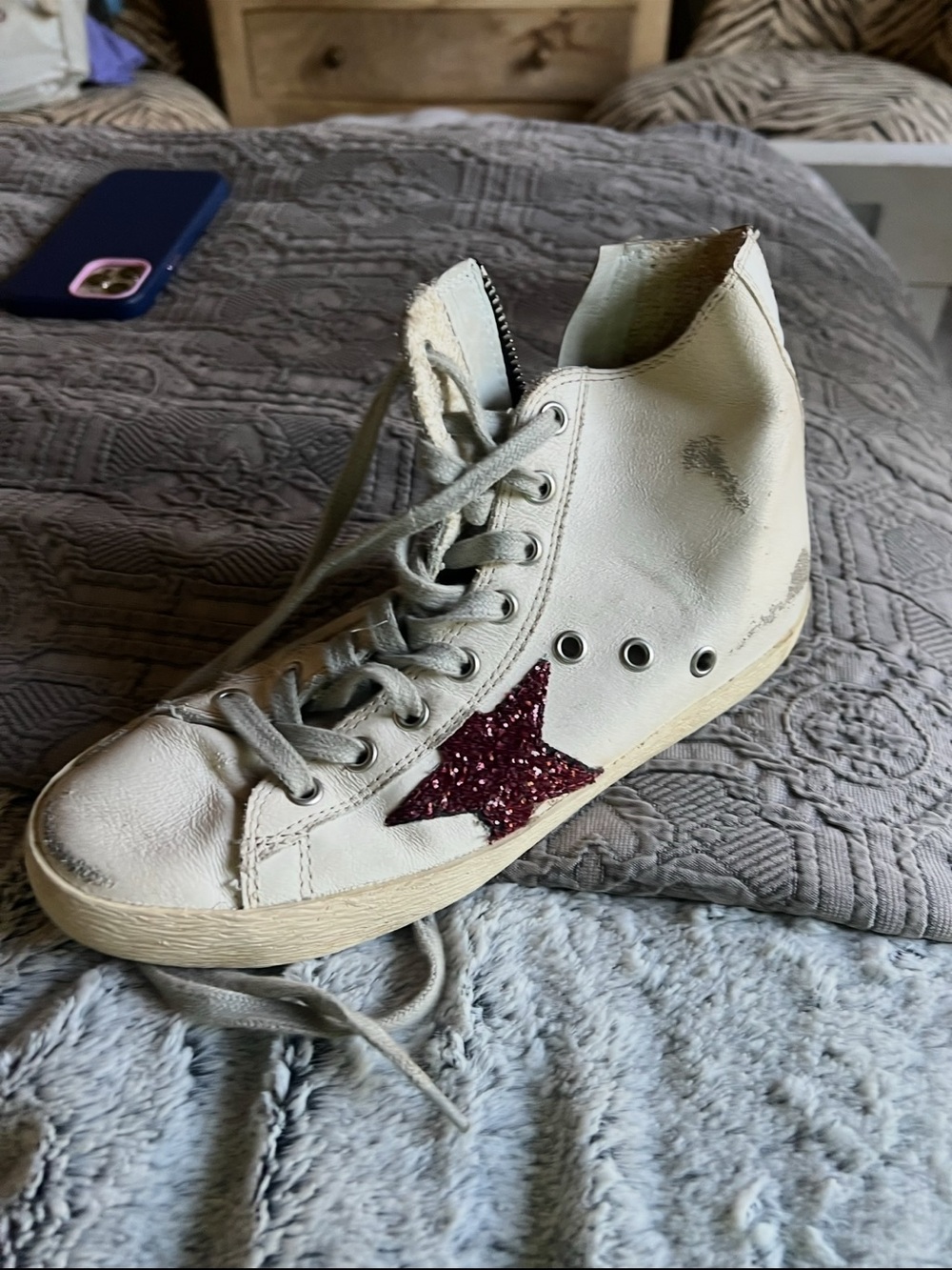 Golden Goose White High-Top Sneaker with Burgundy Glitter Star worn once